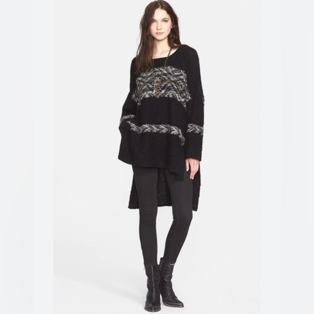 FREE PEOPLE Fair Isle Tunic Sweater Oversized High Low Alpaca Blend, Black | M/L